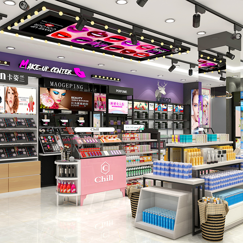 白城美妝店貨架精品現(xiàn)代護(hù)膚陳列柜商場(chǎng)彩妝專(zhuān)柜面膜展示柜雙面貨架子